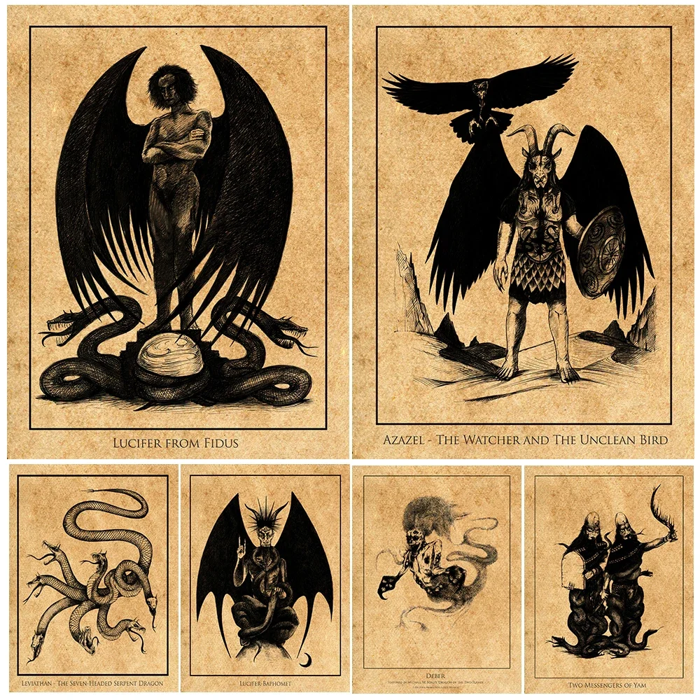 Vintage Wall Art Poster and Print Decor,Ancient Gods and Demons,Dark and Light,Lucifer and Leviathan,Canvas Painting, Home decor