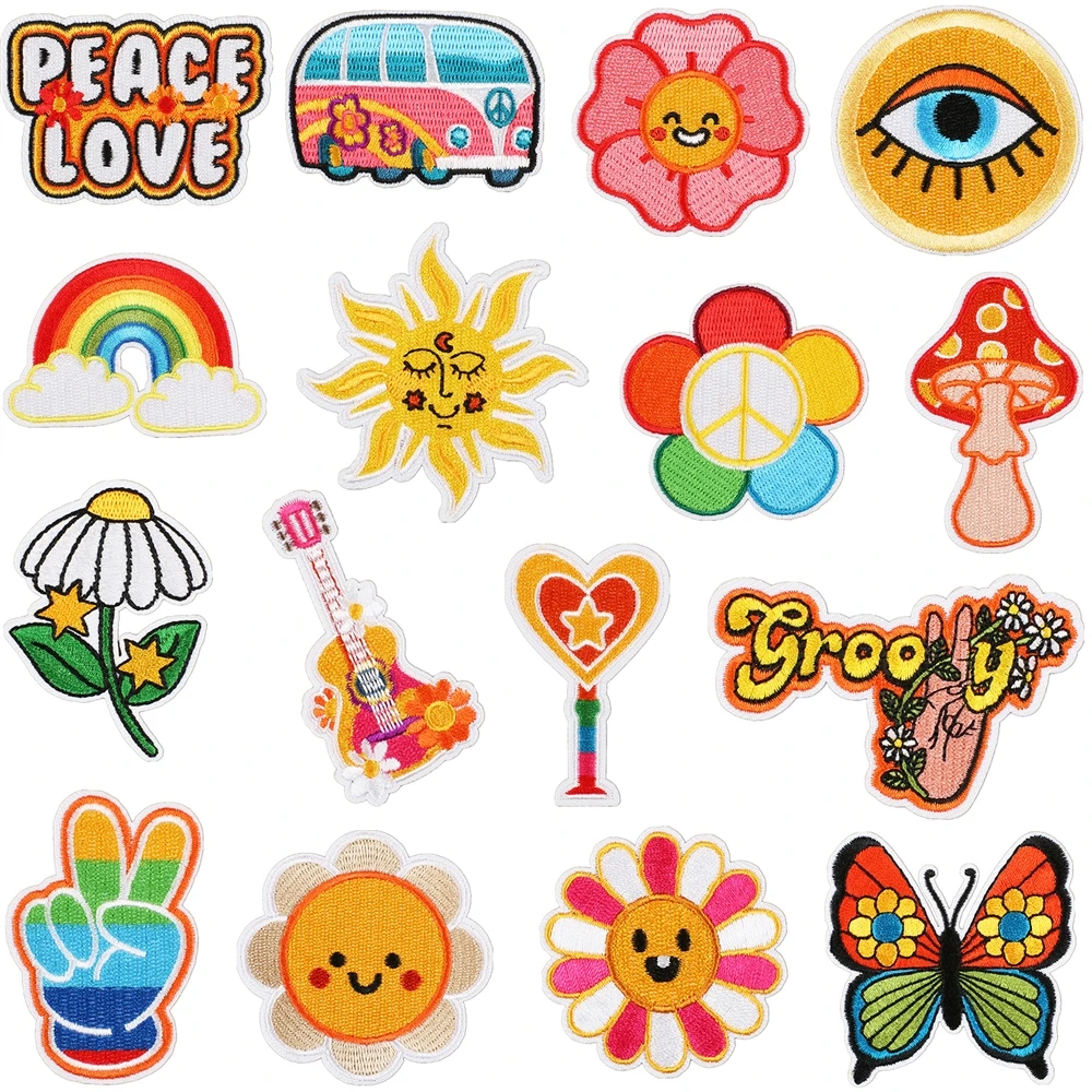 

1Pcs Patch Stickers Iron On Patches for Clothing Sewing Sun Peace Music Embroidery Fusible Applique Badge Bag Decoration Stripes