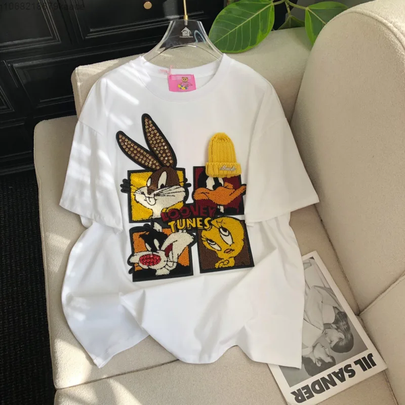 Disney Fun Cartoon Donald Duck New Cotton Short Sleeved T-shirt Spring New Fashion Trend T-shirt Loose Plush Patch Women's Top