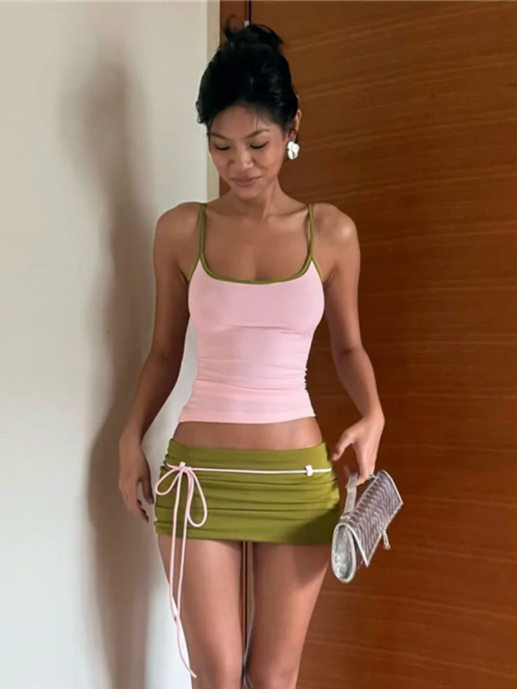 

Nibber Daily 2-Piece Set Women Color Blocking Low-Neck Backless Skinny Camisole+Bandage Tassel Skirt Sweet Summer Trend Suit