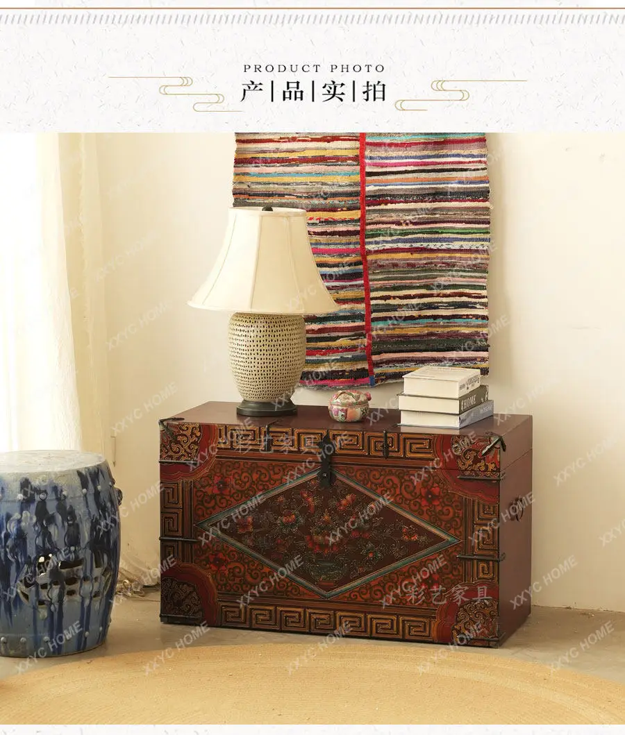 Hand-painted buckle box Solid wood painted pattern box Box coffee table