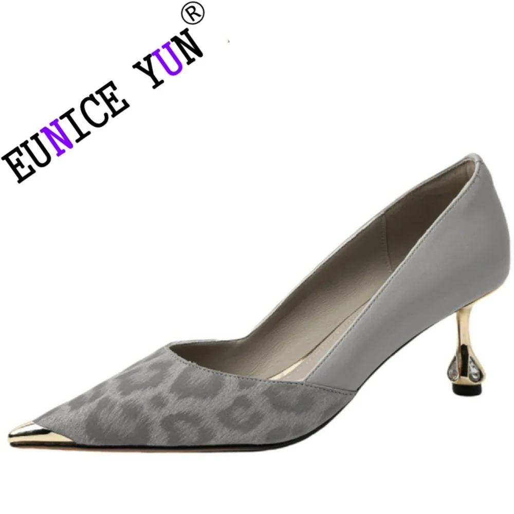 

【EUNICE YUN】New Handmade Leopard Print Genuine Leather High Heels Shallow for Women Fashion Metal Pointed Toe Pumps Shoes 34-40