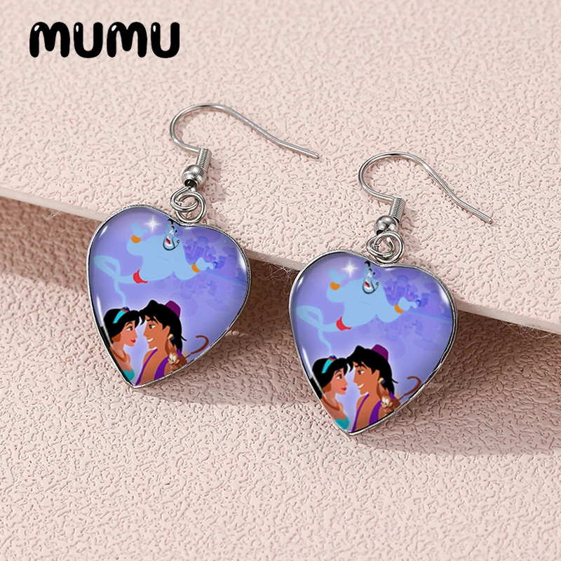 2024 New Aladdin with Princess Jasmine Dangle Earring Heart Shaped Earrings Handmade Glass Dome Jewelry Gifts Fans