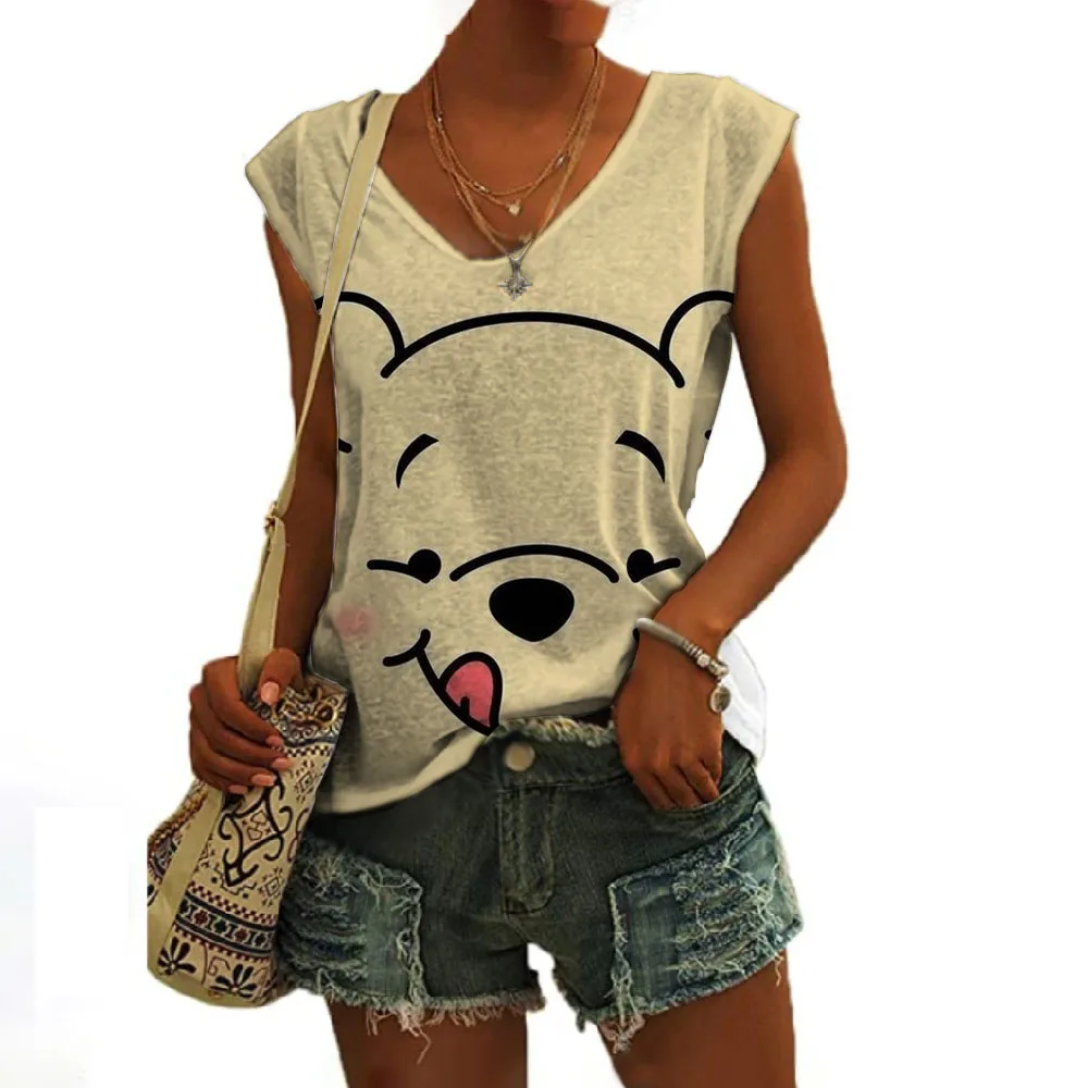 Summer New Cute Winnie the Pooh Anime Street Sleeveless V-Neck Vest Disney Print Fashion Versatile Casual Ladies Slim Tops Y2K