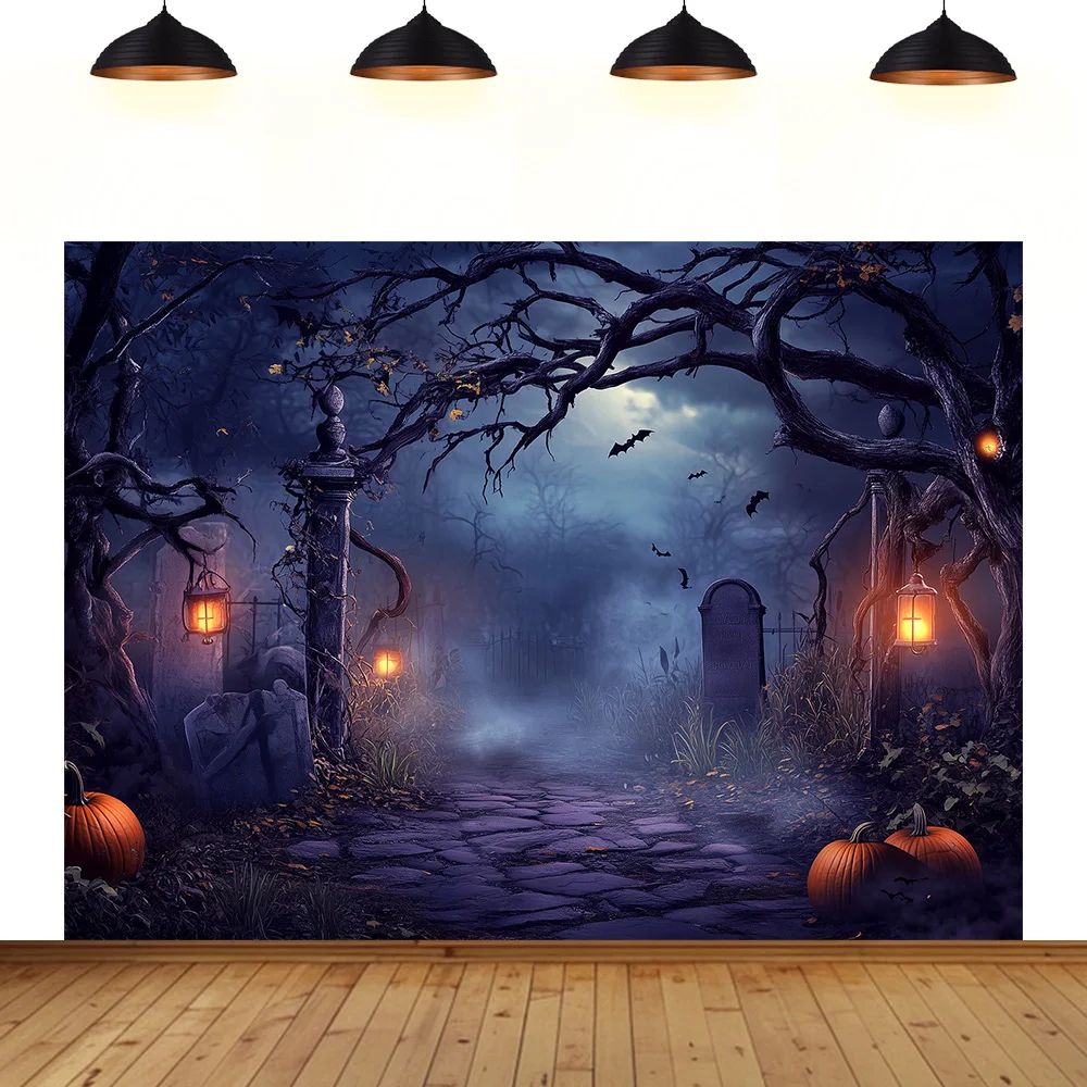 

Halloween Theme background cemetery eerie horror castle gate full moon late at night Happy Halloween photography backdrop