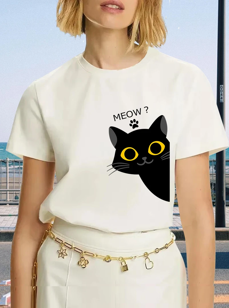 Meow Black Cat Funny Printing Men T-Shirts Breathable Tee Clothes Summer Streetwear Tops Oversized Loose Cotton Short Sleeve