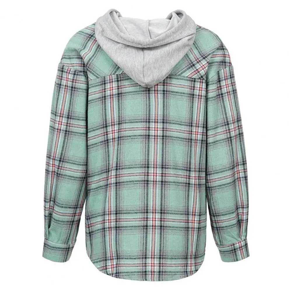 Long Sleeve Single-breasted Patch Pocket Drawstring Autumn Shirt Classic Plaid Print Casual Hooded Sweatshirt Shirt Female Cloth