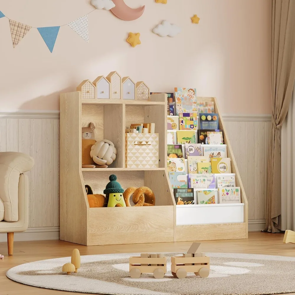 39.4" Kids Bookshelf with 7 Fabric Slings, Toy Storage Organizer for Playroom and Bedroom