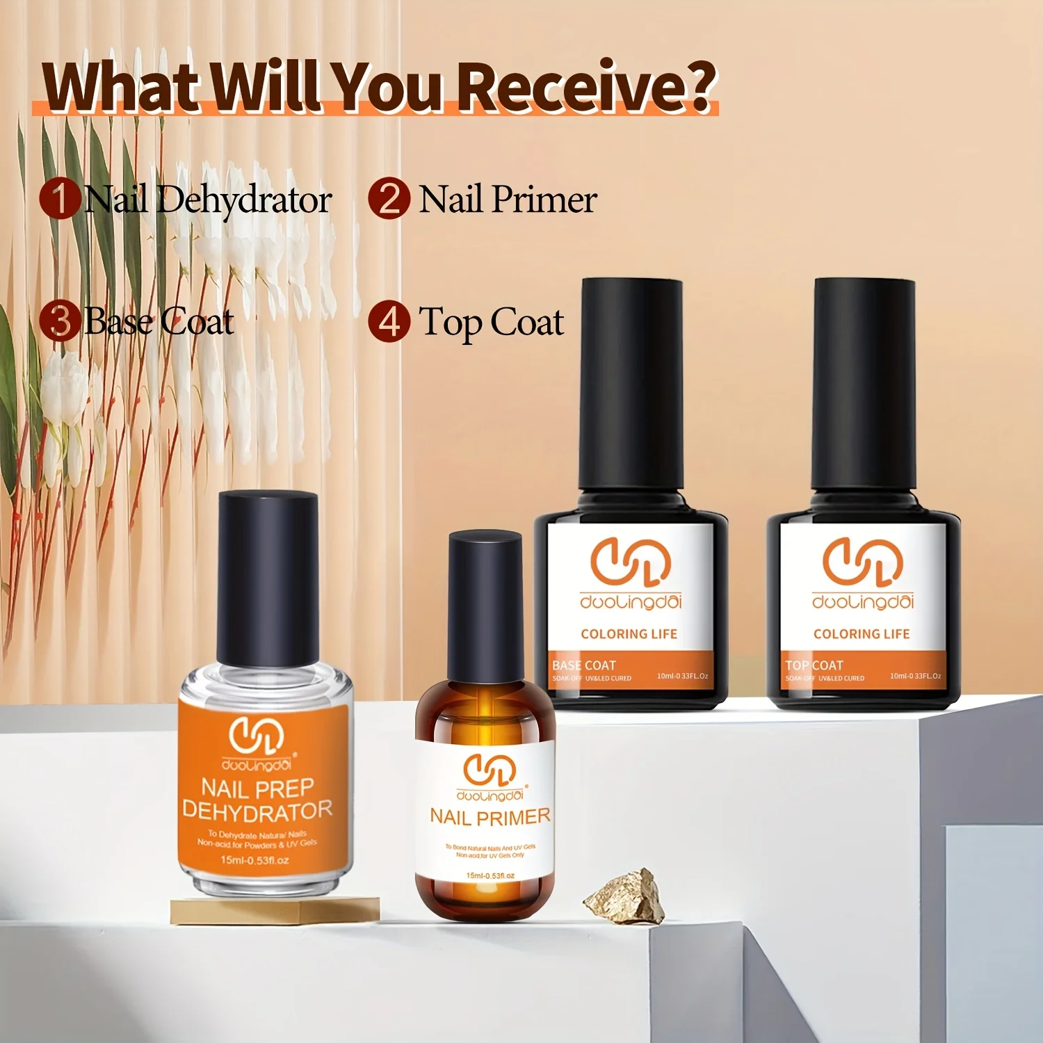 4pcs Top Coat & Base Gel, Professional Natural Nail Dehydrator and Acid-Free Primer Nail Dehydrator for Acrylic and Gel Nail