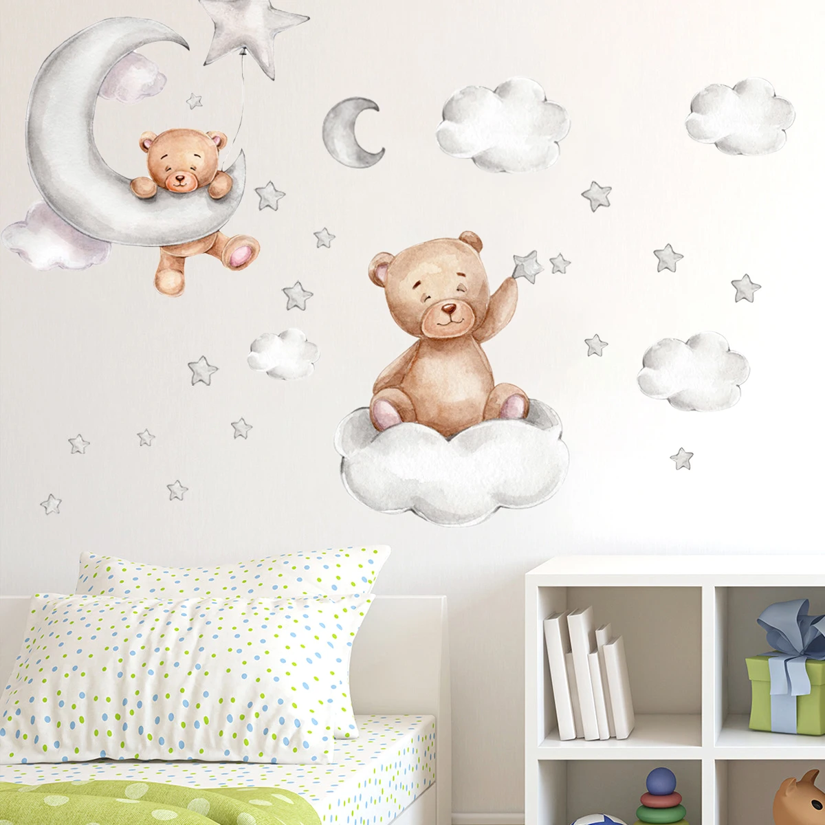 Set of 2 Cute Bear Moon and Stars Wall Stickers 45x30CM PVC Cartoon Wall Decals Home Interior Wall Art Decoration