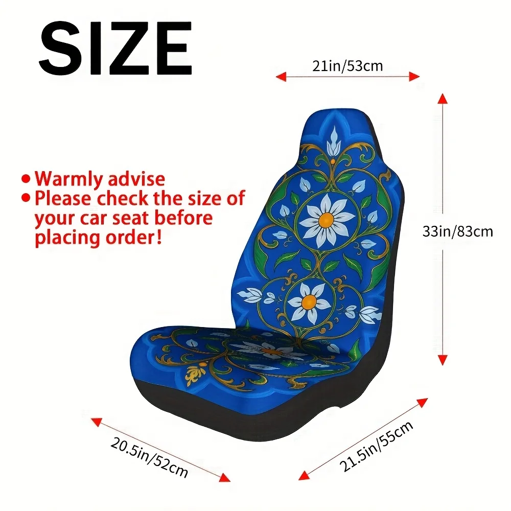 2pcs Set Fit Car Seat Covers For Front Seats With Elegant Botanical Tile Pattern (Leaves/Flowers), Soft Cushioning, Machine-Wash