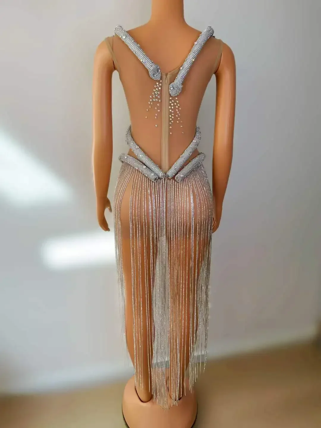여성용 럭셔리 실버 드릴 체인 쉬어 메쉬 원피스 라인석 프린지 드래그 퀸 코스튬, 생일 가수 무대 착용 나이트 클럽