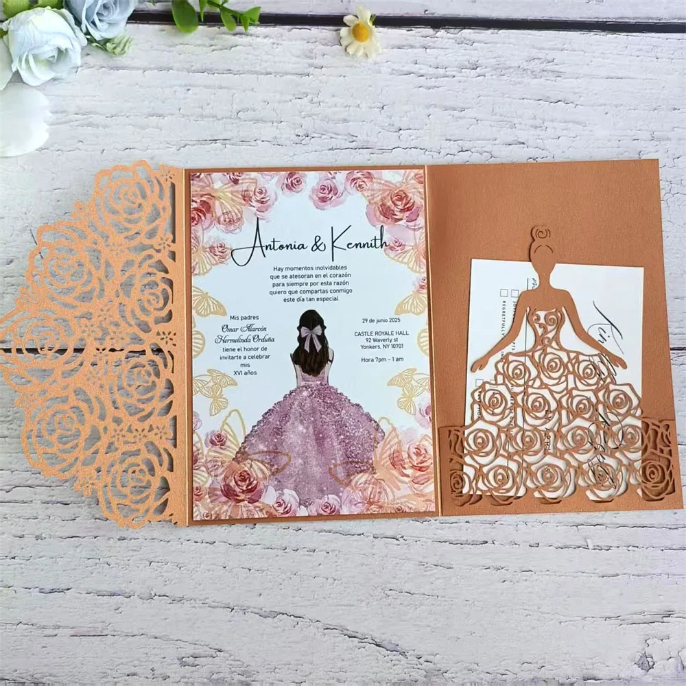 Laser Cut Quinceanera Invitations, Sweet 16 Birthday Card, Purple Tri Fold Pocket Envelop, 50Pcs