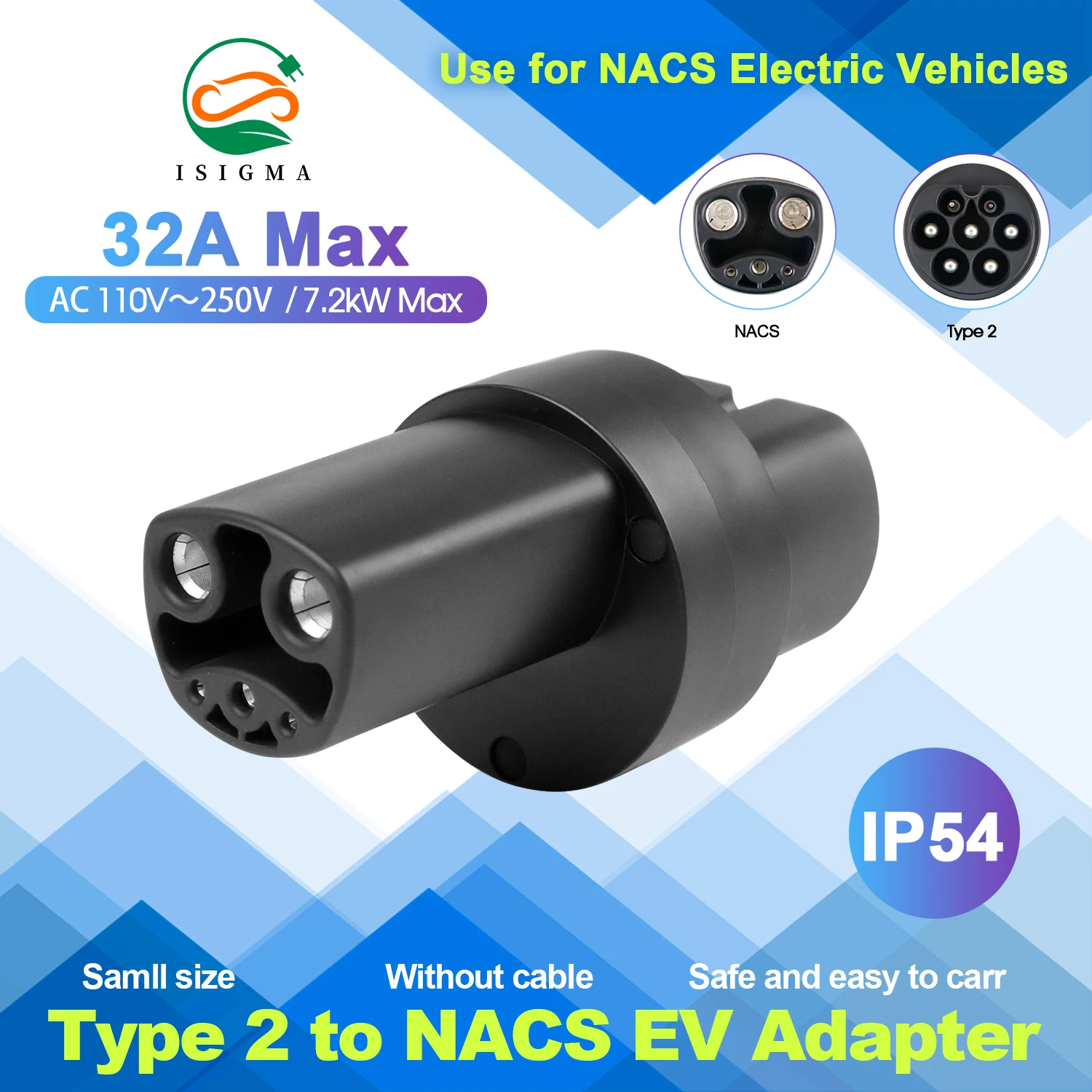 ISIGMA AC Type 2 To Tesla NACS EV Converter 32A 1Phase 7KW Charging Adaptor For Type2 EV Charger Compatible With Tesla Model Y