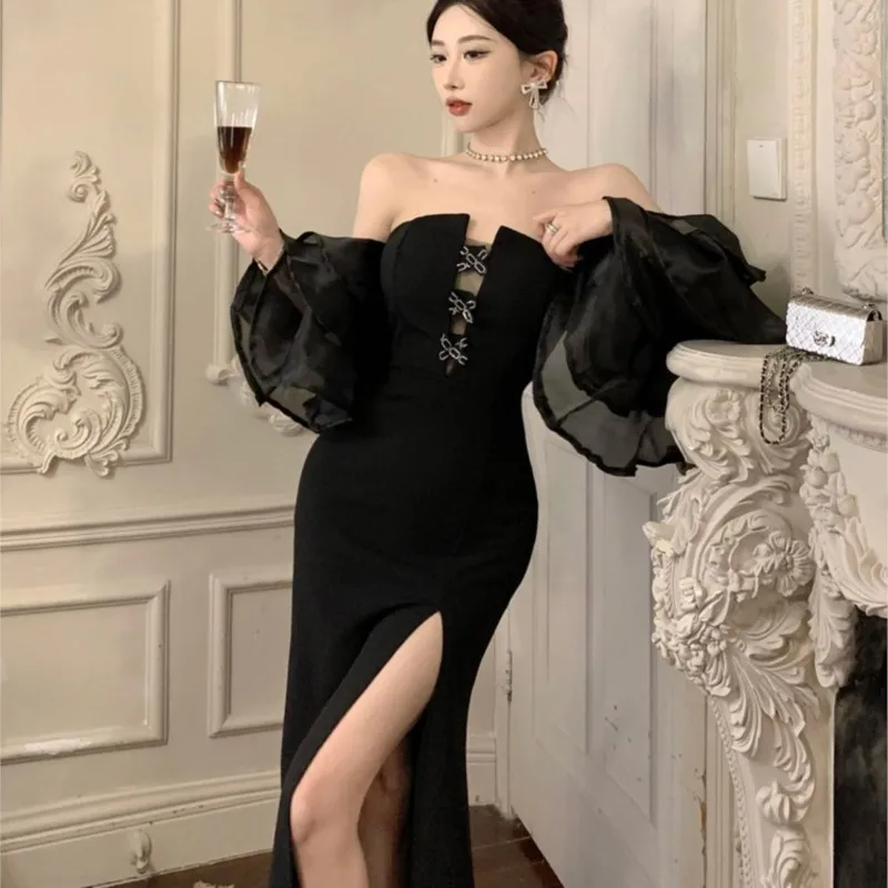 

Hepburn Style High Slit Black Tube Top Dress Women's Elegant Banquet Fishtail Long Skirt