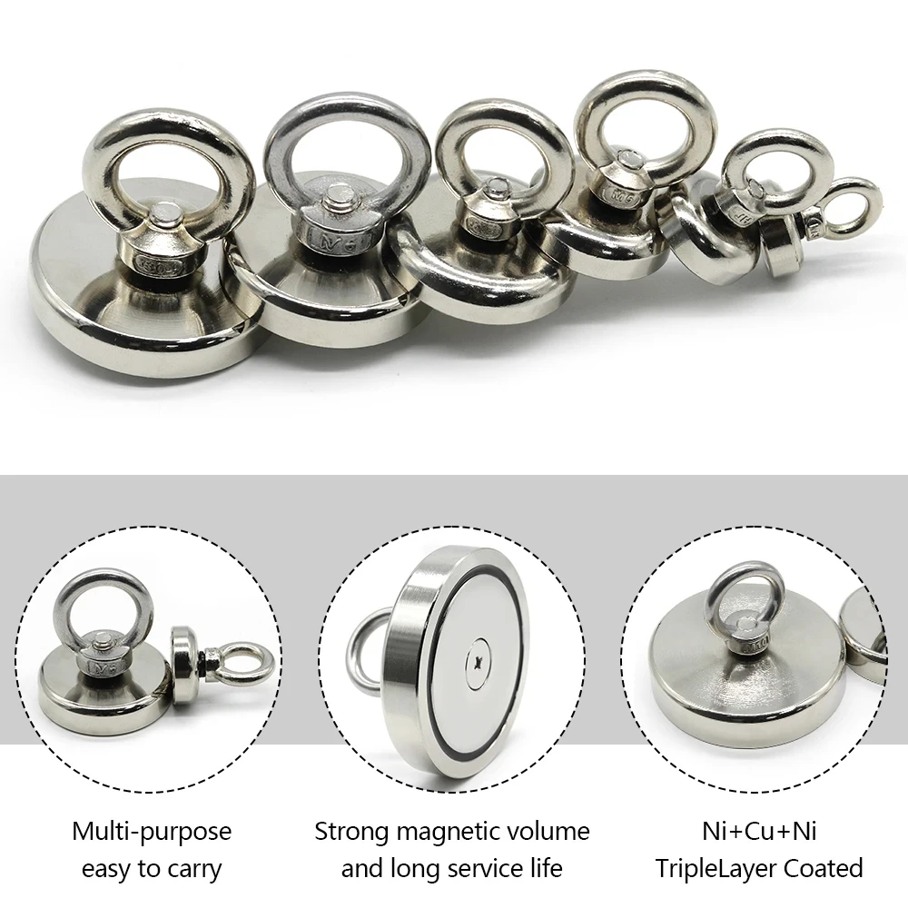 D16~D42mm Super Strong Neodymium Fishing Magnet N52 Heavy Duty Rare Earth Magnet with Countersunk Hole Eyebolt Salvage Magnetic