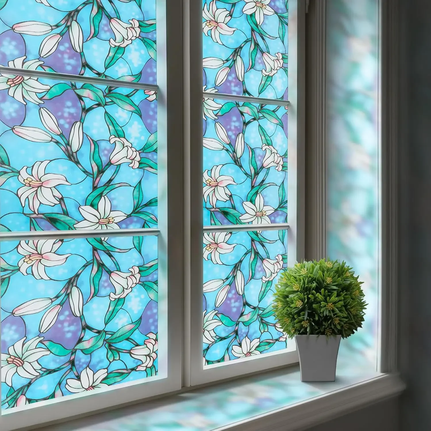 Lily Flower Stained Glass Window Film, Static Cling Removable Privacy Glass Decal, Decorative Film for Home Living Room Bedroom