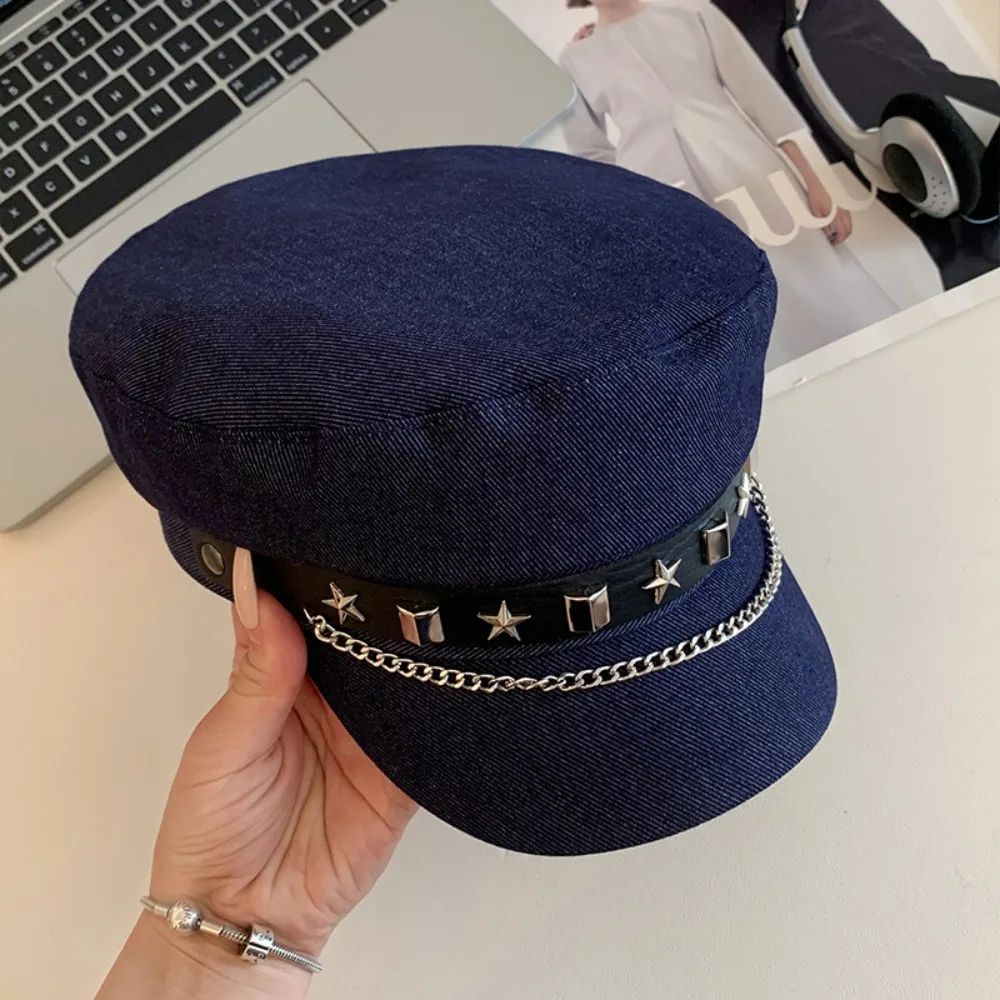 

Fashion Cloth Rivet Denim Beret British Style Newsboy Cap Denim Octagonal Hat Korean Style Cotton Retro Painter Hat Outdoor