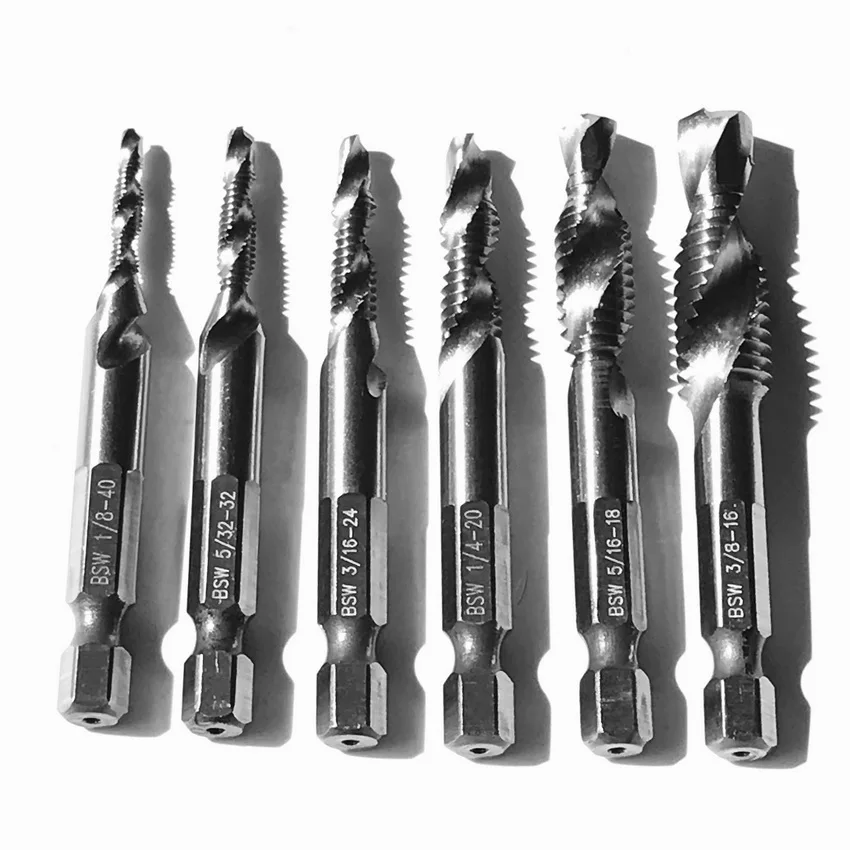 

Free Shipping of 6PCS/set HSS 1/4" Hex Shank Sprial Flute Metric/UNC/BSW Standard Drill Taps Composite Taps Screw Taps