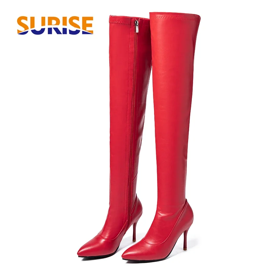 

Женские сапоги до бедра большого размера, красные, черные эластичные сапоги выше колена из искусственной кожи на тонком шпильке, сексуальные вечерние клубные женские сапоги выше колена с острым носком на молнии