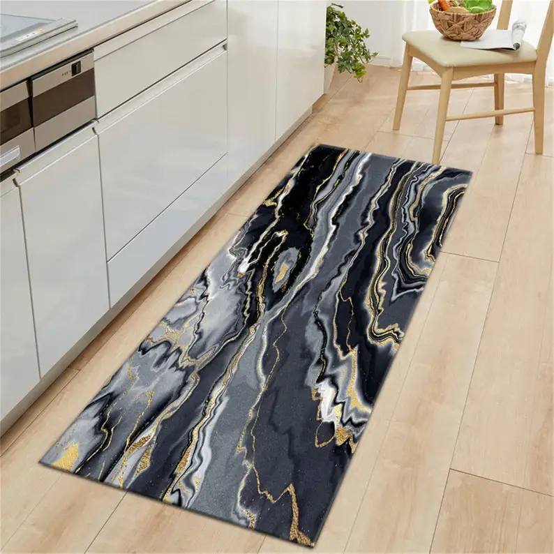 Nordic Dark Gray Black Marble Pattern 3d Kitchen Flannel Rugs For Washable House Entrance Non Slip Carpet