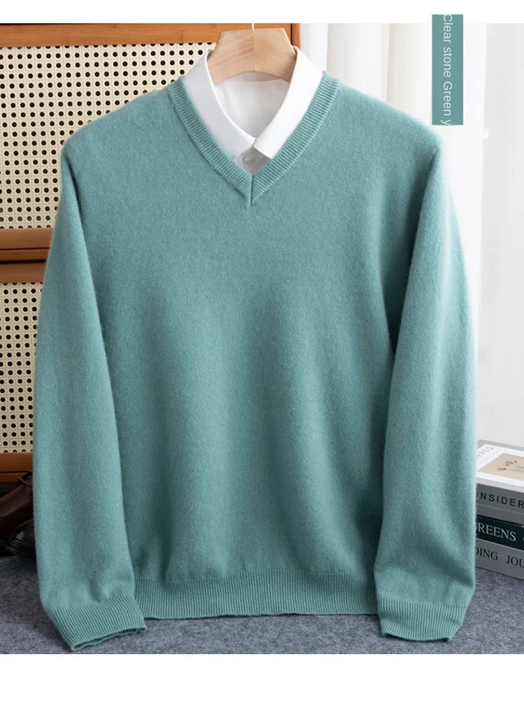 100% reiner Merinowollpullover für Herren, V-Ausschnitt, Strickpullover, große Größen, Kaschmir, Herbst/Winter, neuer Langarmpullover, hochwertige Oberteile – Detail 21