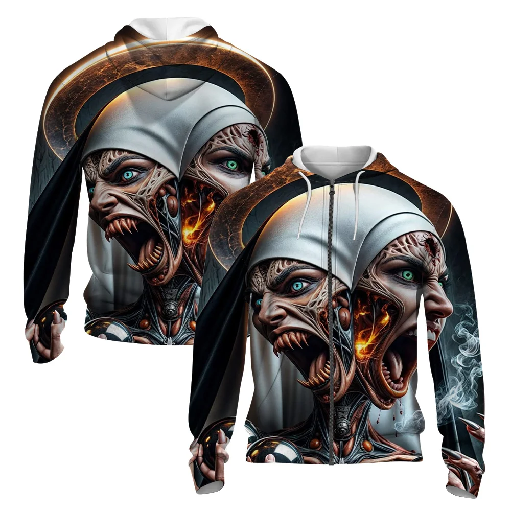 

Men's Creative Nun Print Cardigan Men's Halloween Style Pocket Hooded Zipper Drawstring Hoodie Spring And Fall New Blazer
