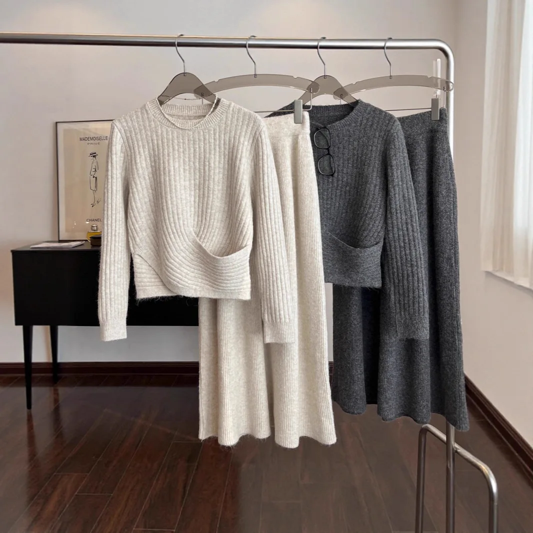 

Сплошные цветные трикотажные юбки, комплект из двух предметов, женский зимний вязаный свитер, тонкая юбка, комплекты из 2 предметов, женская модная уличная одежда