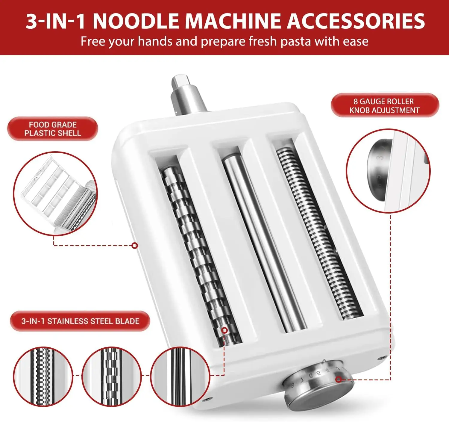 3-in-1 Pasta Maker Attachment for KitchenAid & Cuisinart Stand Mixers, Pasta Roller, Spaghetti & Fettuccine Cutter Set with Cleaning Brush, Stainless Steel view 6