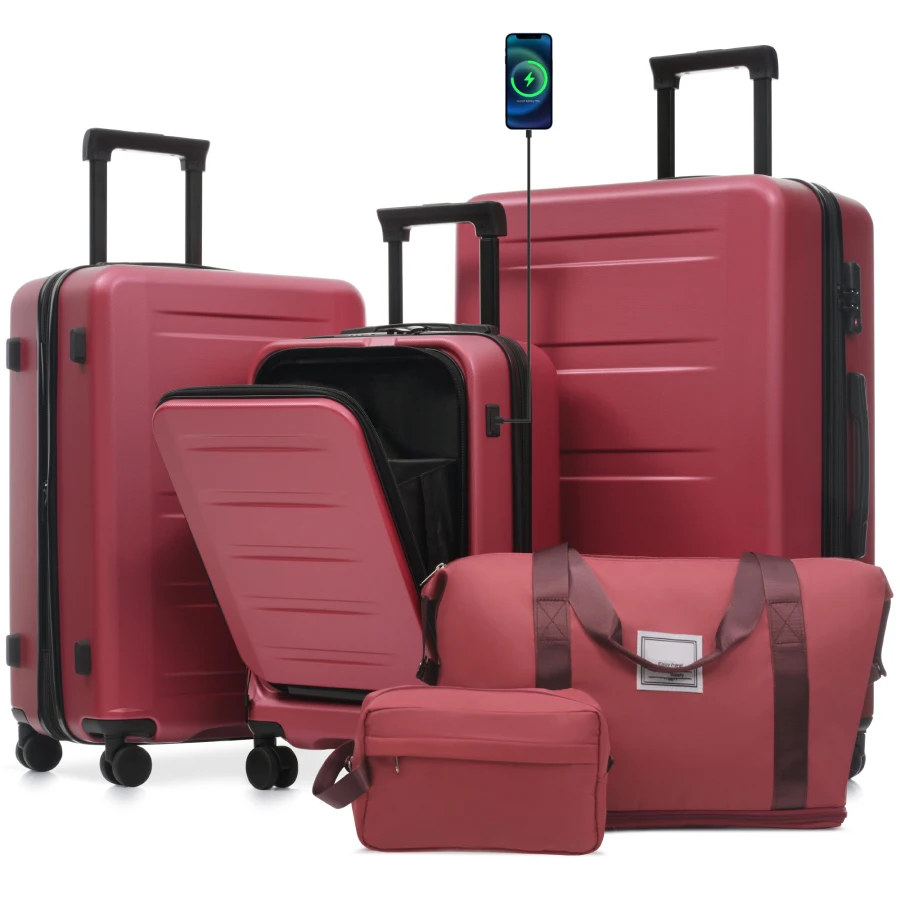 

Luggage Sets 5 Piece for Travel, Hardside ABS/PC, Black, Front Opening + Expandable + USB Port + TSA Locks + Double Spinner Whe