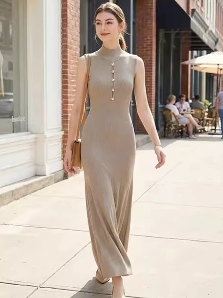 

European American Summer New Fashion Knitted Shiny Silk Slim Sleeveless Long Dress for Women Elegant Socialite Evening Dresses