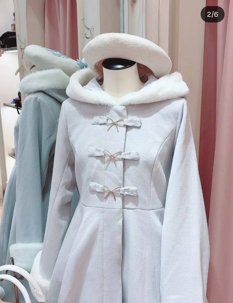 Japanese Lolita Sweet Fluffy Dress Hooded Warm Outerwear Jacket 4 Colors Single-Breasted Slim Fit Long-sleeves Jaquetas Female