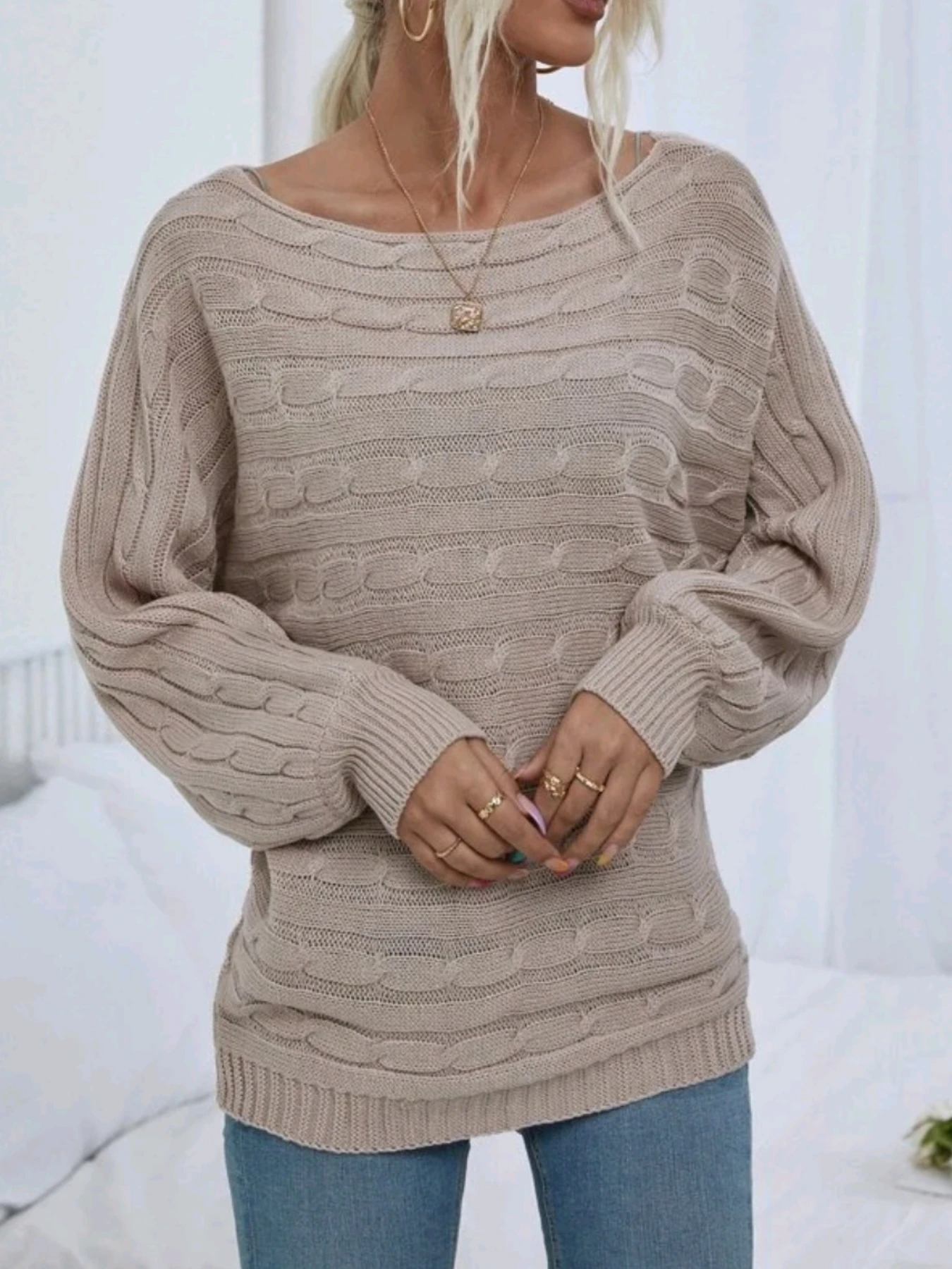 Autumn and winter sweater women clothing simple temperament solid color twist texture one shoulder loose casual knitted pullover