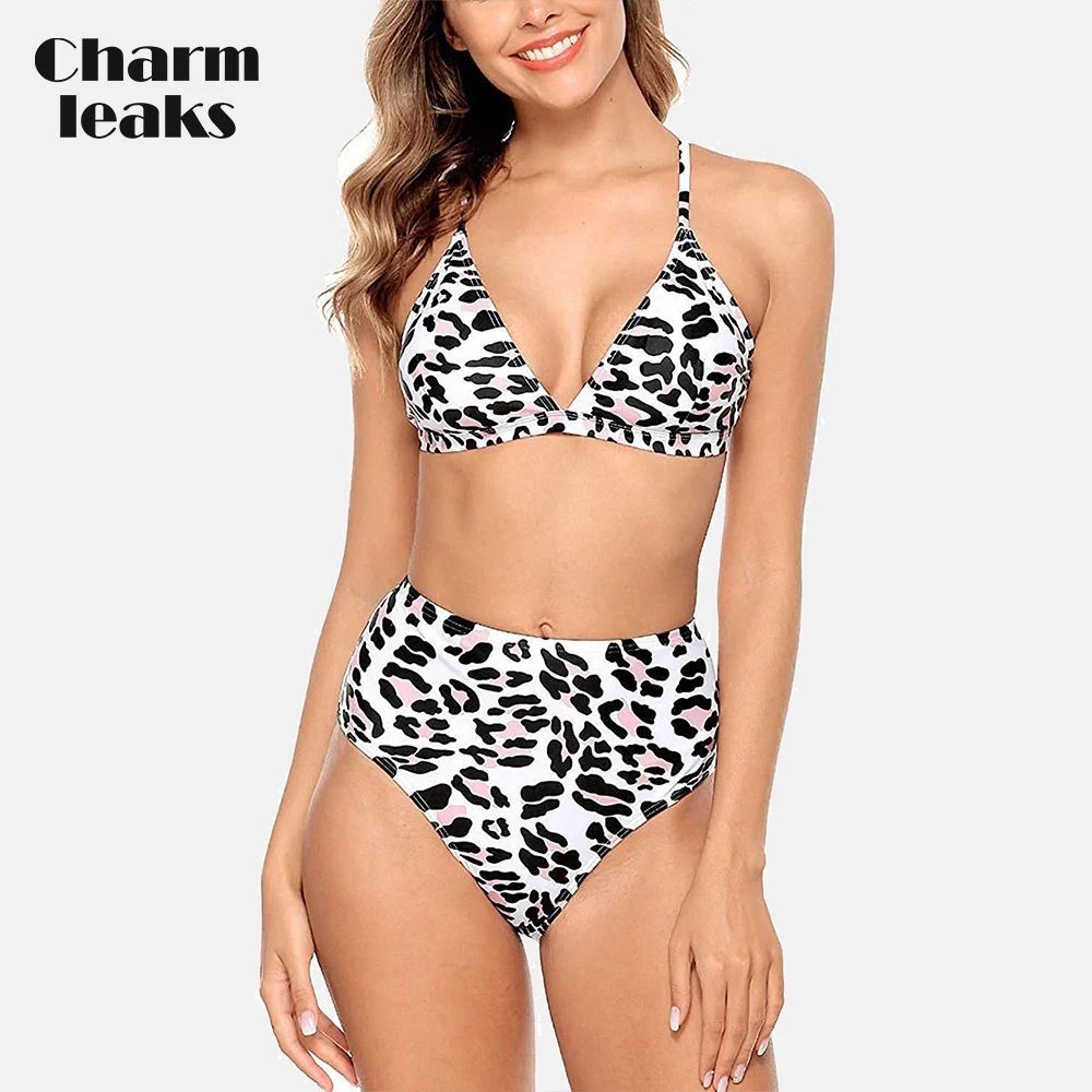 

Charmleaks Women's Triangle Bikini Set Swimsuit Animal Print High Waist Two Piece Bathing Suits Self Tie Backless Swimwear