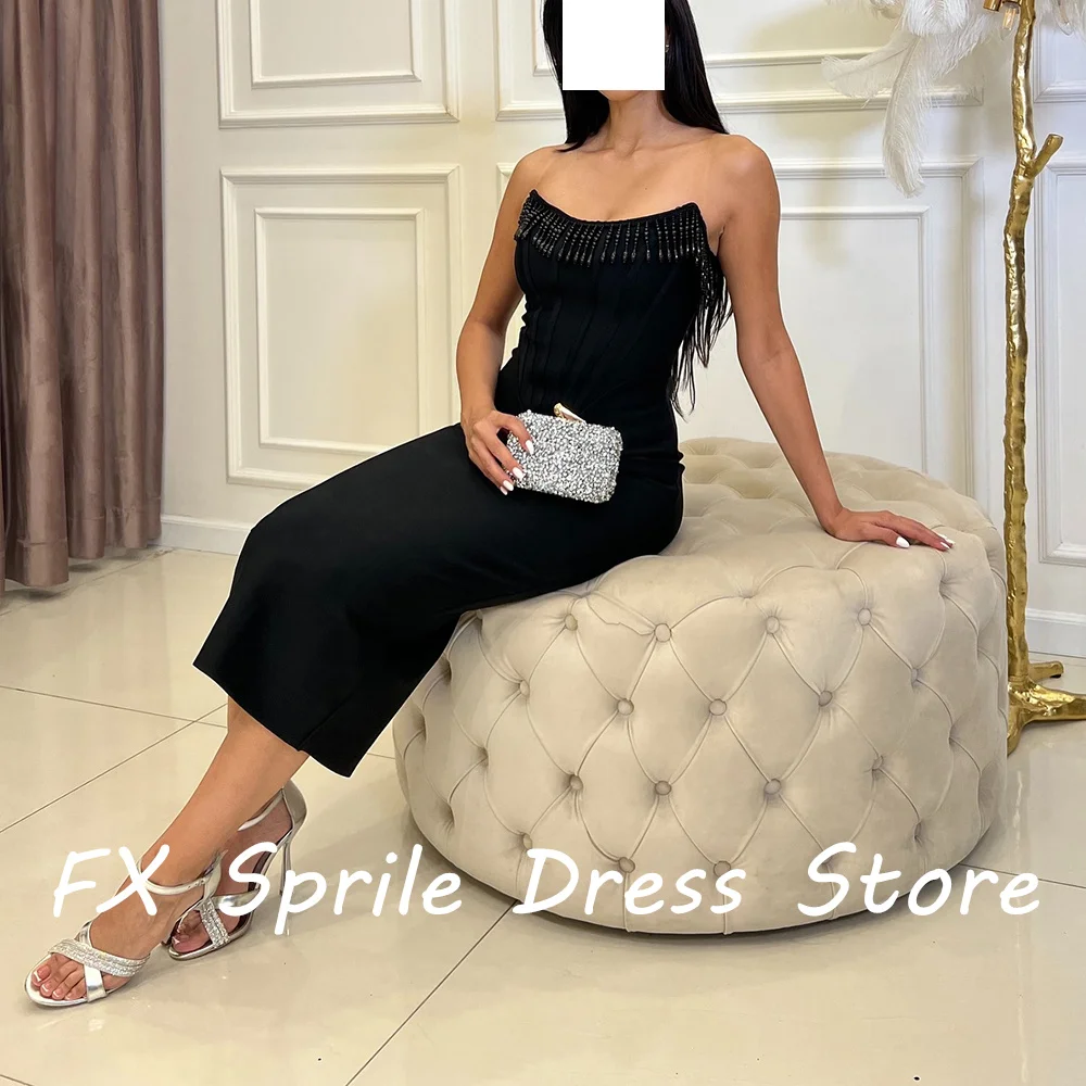 CustomizedStrapless Sleeveless Tassel Jersey Sheath Tea Length Zipper Back Elegant Evening Party Dresses For Formal Occasions Cu
