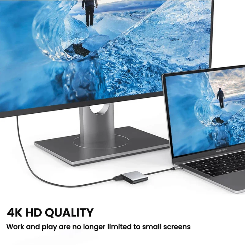 USB C Hub 4 في 1، محول HDMI VGA 4K مع توصيل طاقة USB 3.0 و60 وات، دونجل من النوع C لأجهزة الكمبيوتر المحمول MacBook Pro #4