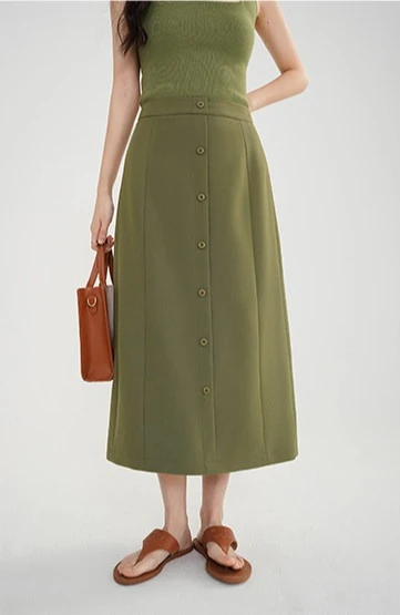 Vintage High Waist Button Midi Skirt for Women Elegant A Line Casual Early Spring Commuter Skirt for Lady Chic Retro Daily Wear