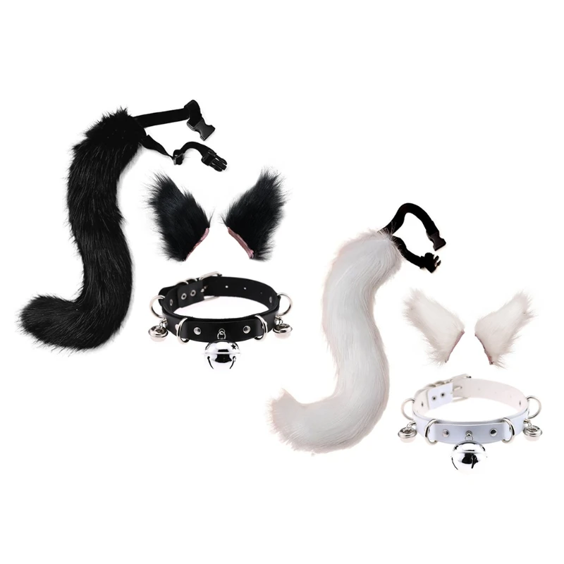 Adult Kids 3 Pieces Plush for Cat Ears Hair Clip Furry Wolf Tail with Faux Leather Neck Choker Necklace Set DropShipping