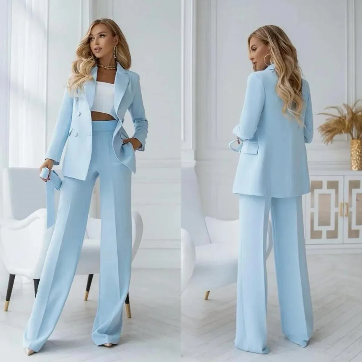 

Tesco Fashion Baby Blue Double Breasted Pants Sets for Women Elegant Blazer Jacket with Trouser Formal Wedding 2 Piece for Women