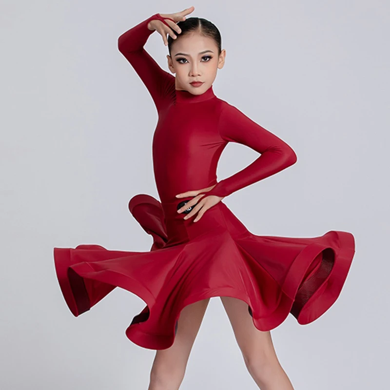 2024 Fall Winter New Girls' Latin Dance Competition Rules Skirt Clothing Standard Long Sleeve Dance Performance Outfits VBH926