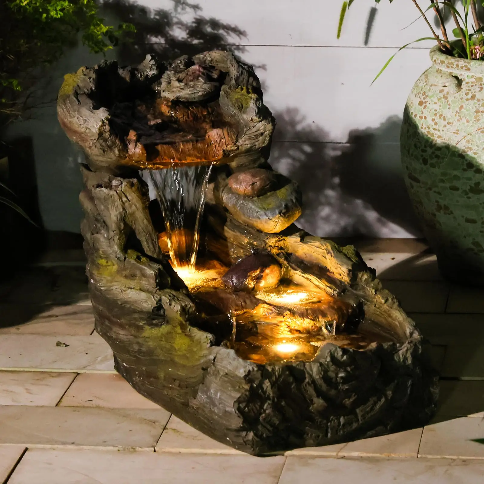 24H L Tree Trunk Outdoor Water Fountain with 3 Tiers