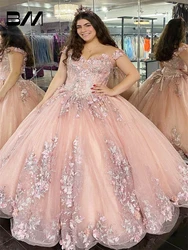 Pink Floral Quinceanera Dress Off Lace-up Closure Back, Plus Size Women Sweet 15 16 Dress, Ball Gown Photo Shoot Party Dress