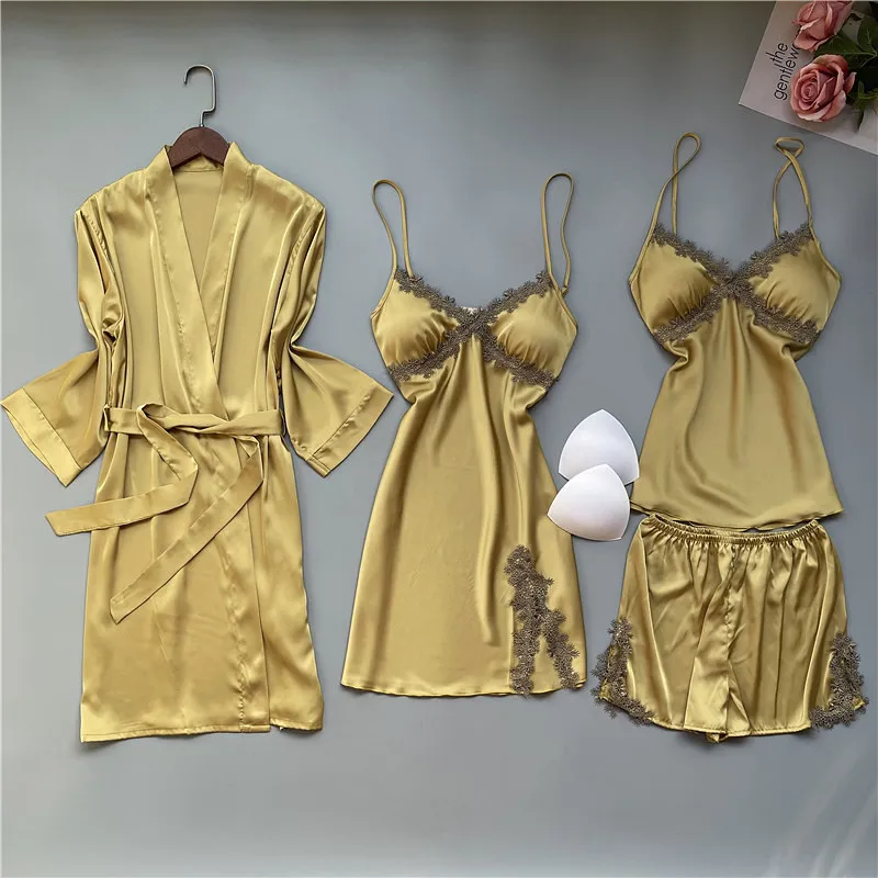 

Summer Sexy Embroidery Lace Trim Applique Women Satin Robe Nightdress Sling Shorts 4Pcs Sleepwear Homewear Nightwear Pajamas Set