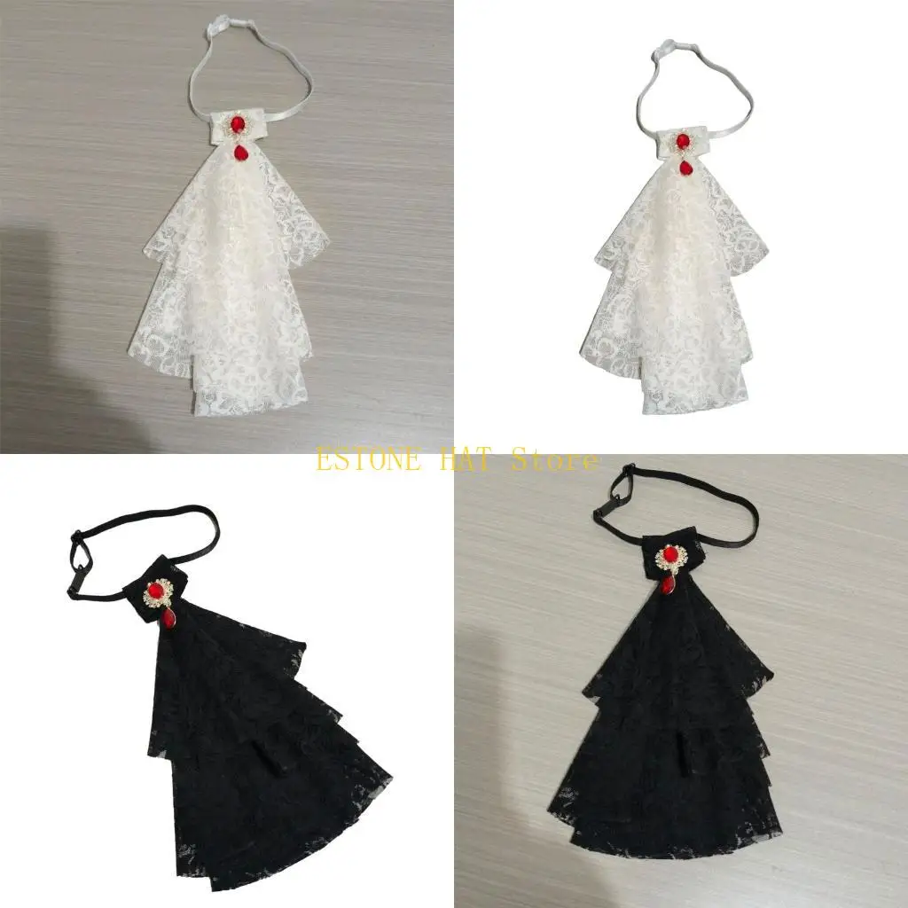 49MF Women's Multilayer Lace Ruffle Crystal Faux Collar Gothic Victorian Detachable Jabot Collar Steampunk Clothing Accessory