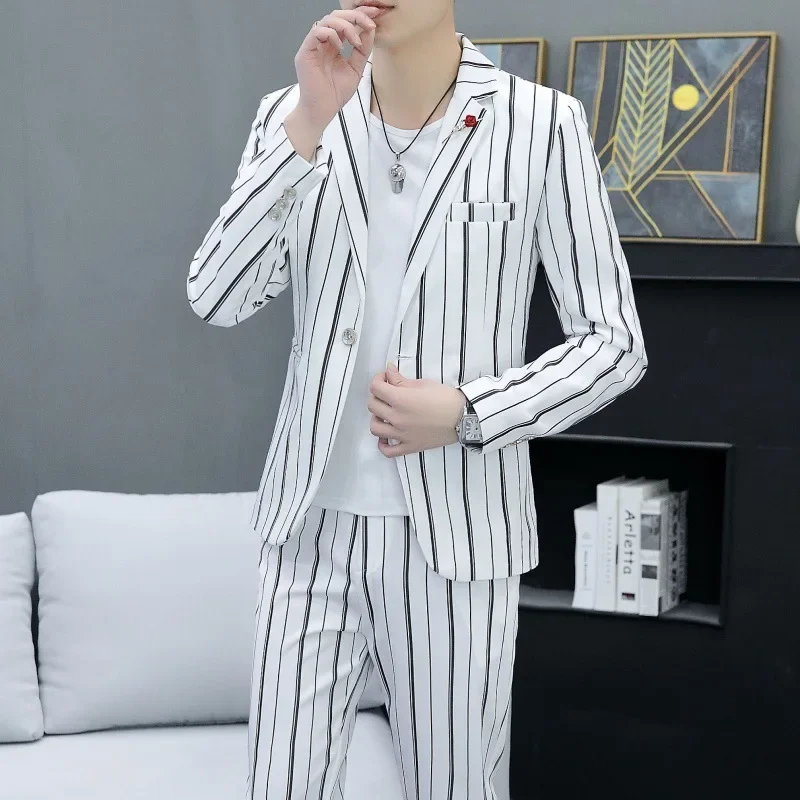 Suit Men (blazer+trousers) Fashion Business Casual Striped Harbour Style Slim-fit Gentleman Wedding Work Wedding Suits for Men