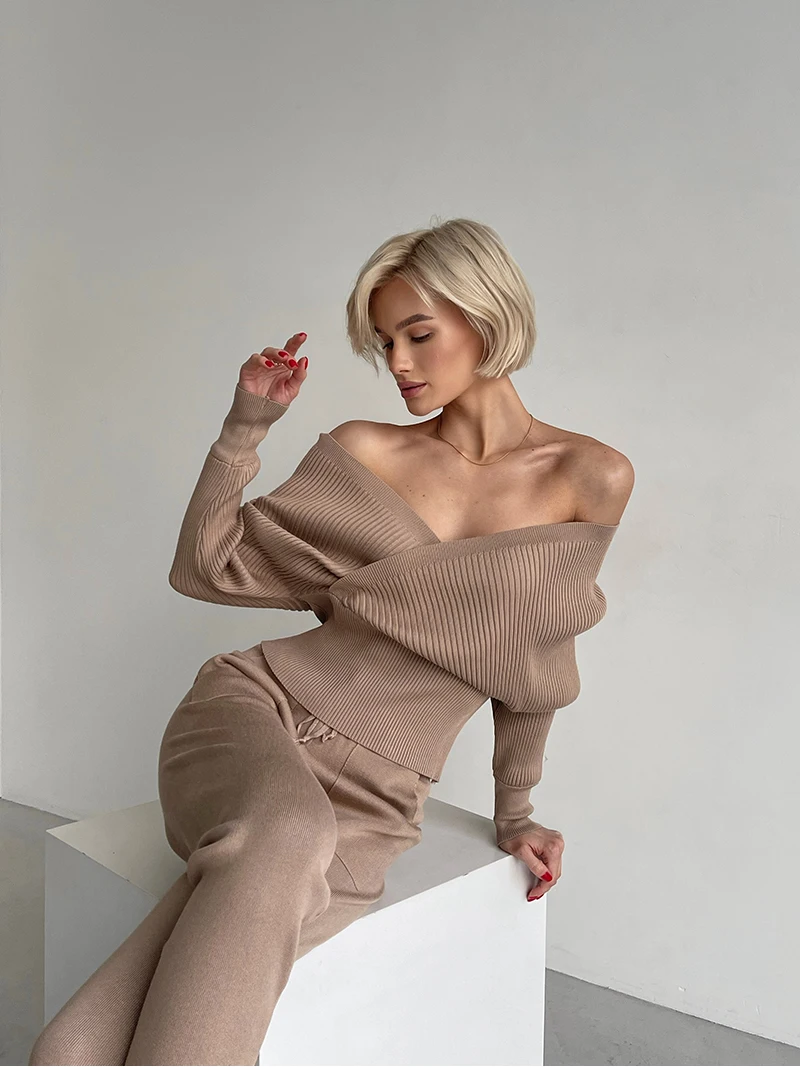 Sexy Ribbed Pajama Set Women Casual Tracksuit Women Two Piece Set 2 Piece Long Sleeve Knit Sweater Pants Matching Sets For Women