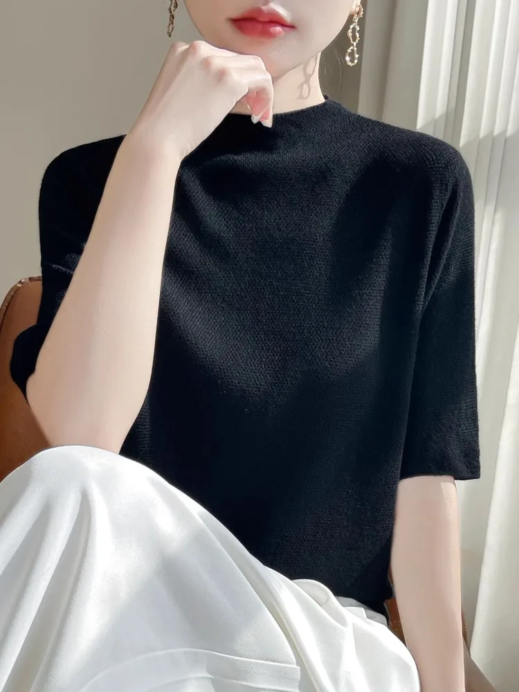 

Slim Fit mid Sve T-irt Women's Semi High Collar Silk Knitted Ralse Five Sve Inner Wear Commute Sle Regular Fit