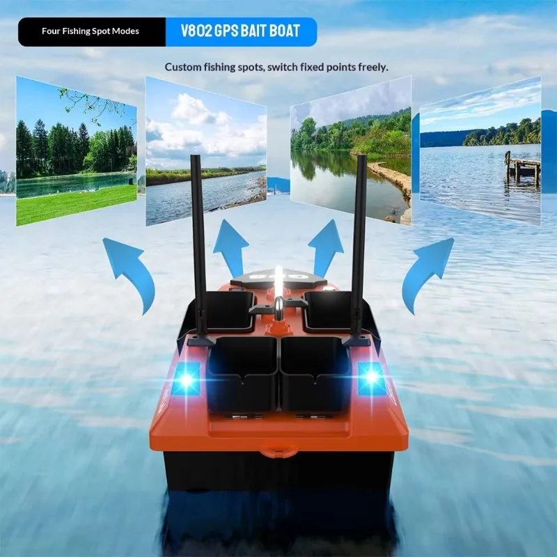 V802Pro Remote-Controlled Bait Boat GPS Precise Positioning 500m Range 4 Hoppers 3kg Bait Built-in Battery Black ABS