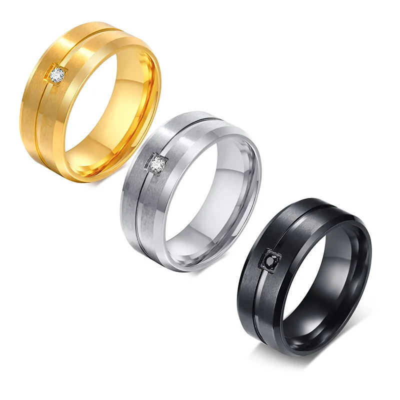 New Fashion 8mm Single Zircon Ring for Men Stainless Steel Ring