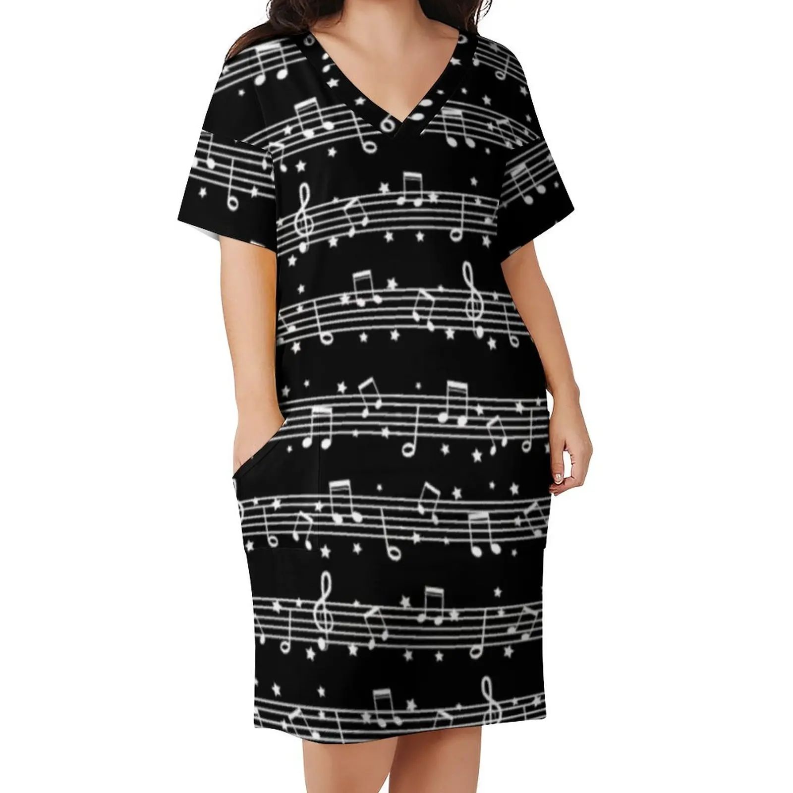 Music Notes White Dress Plus Size Monochrome Street Style Casual Dress Female Holiday Short Sleeve Pretty Dresses Gift